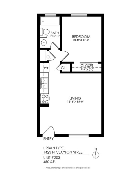 Floor plan for 1 bed, 1 bath, 450 sqft